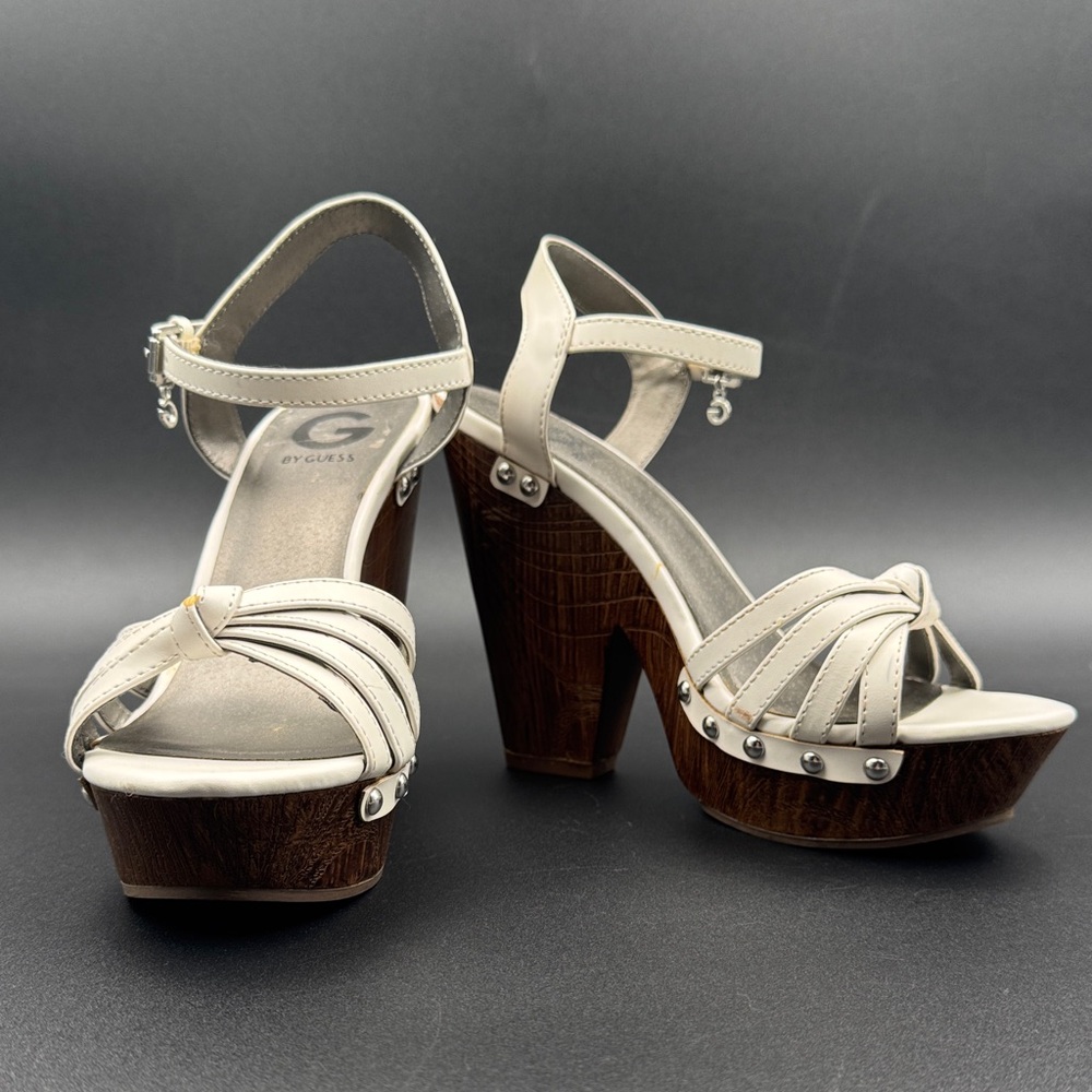 GUESS Cream Knotted Platform Sandals with Wood-Look Block Heel